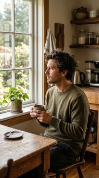 Thoughtful Man in His Thirties in Green Knit Sweater at Wooden Kitchen Table with Coffee Mug, Looking Out Window at Garden, Cozy Authentic Morning Moment, Natural Light, Vertical, Copy Space