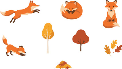 Fototapeta premium Cute Red Fox Vector Character Collection in Various Poses with Autumn Trees and Colorful Falling Oak Leaves for Thanksgiving Holiday Pattern Designs