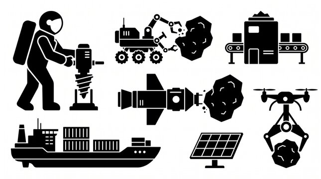 Asteroid mining space technology and astronaut extraction operations icons
