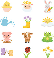 Fototapeta premium Cute Spring and Farm Animals Vector Collection Featuring Chick Lamb Bunny Pig Cow Frog Watering Can Tulip and Narcissus Flower Icons for Nursery Designs