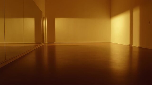 Minimal Gym with Reflective Floor and Warm Lighting in an Empty Room Featuring Minimalist, Modern, Interior with Fitness and Workout Space Elements