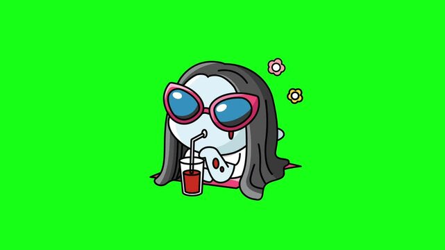 Funny Halloween ghost (Sadako/Kuntilanak style) wearing sunglasses, relaxing on a mat, and drinking juice through a straw on a green screen. Summer vacation horror concept
