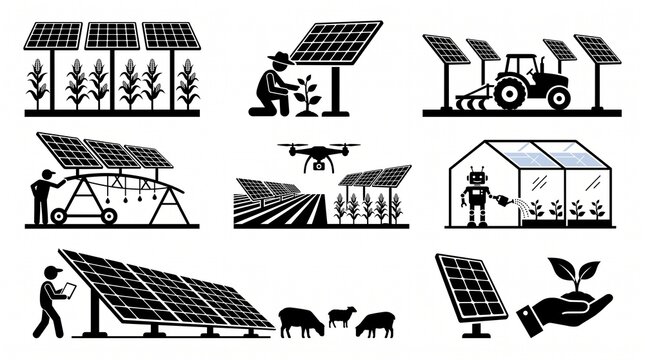 Agrivoltaics sustainable agriculture and smart solar farming icons