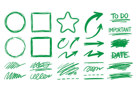 Green crayon hand drawn arrows and note frames set isolated as PNG
