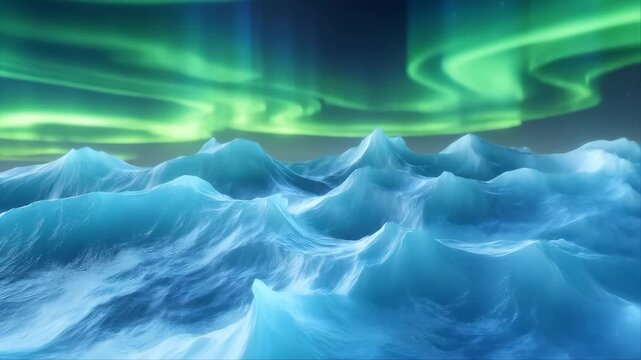 Mountains with Green Aurora Borealis Over Icy Landscape at Night Featuring Frozen Peaks, Snow-Covered, Winter Scene with Northern Lights and Cold