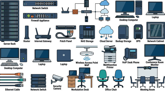 Enterprise Office Network Hardware and IT Infrastructure Vector Set Featuring Server Rack Router Firewall Switch Laptop Workstation and Telecom Icons