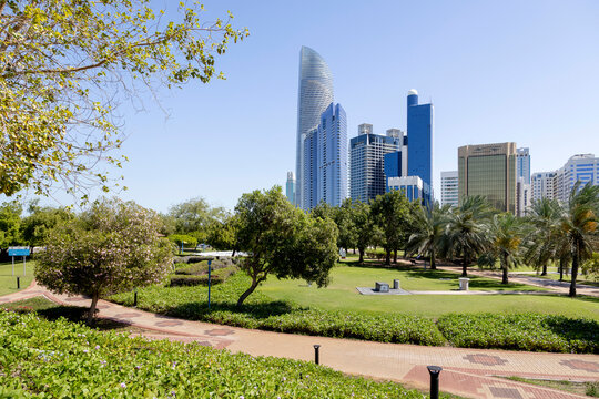 Modern cityscape as seen from Family park in Abu Dhabi, UAE