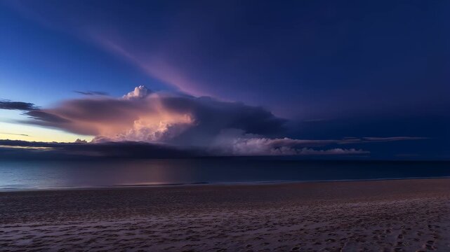 Thunderclouds Over a Beach with a Stormy Sky and Waves Crashing on the Shore Featuring Ocean, Dark Clouds, Lightning with Storm and Nature Elements