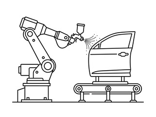 Minimal outline icon of robotic arm painting automotive part, automated industrial coating proces