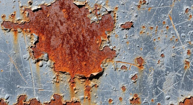 A close-up view of an aged gray metal surface featuring deep textures, rough grit, and patches of reddish rust showing industrial decay, material, construction, iron