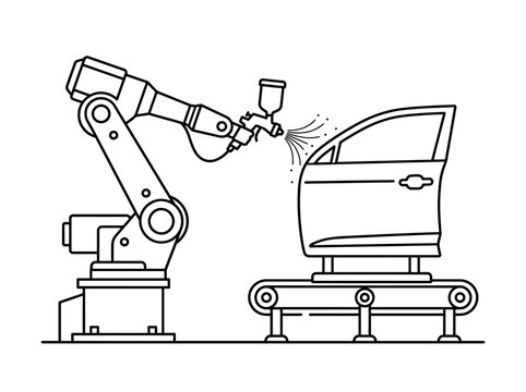 Minimal outline icon of robotic arm painting automotive part, automated industrial coating proces