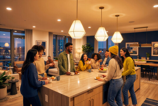 Diverse group of young adult friends gathering and socializing around a modern kitchen island in a luxury apartment at night, enjoying coffee and pastries.