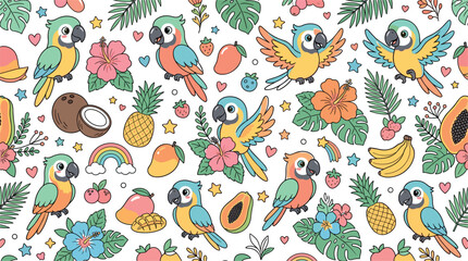 Hand Drawn Tropical Parrot Seamless Pattern with Cute Cartoon Macaws, Exotic Fruits, Palm Leaves, Hibiscus Flowers, and Rainbows for Summer Textile Surface Designs © Md