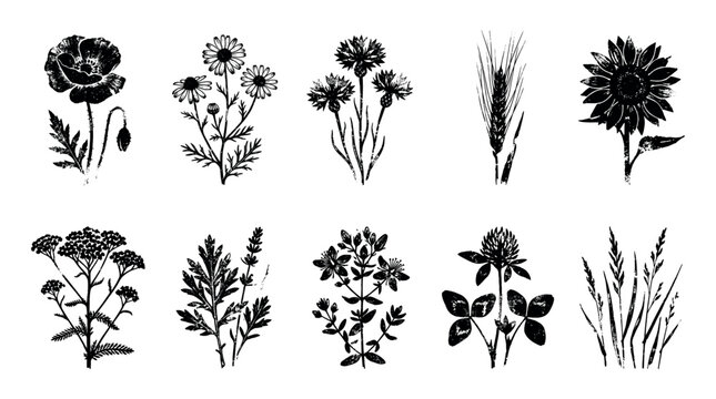 Set of various grunge wild steppe plants silhouettes