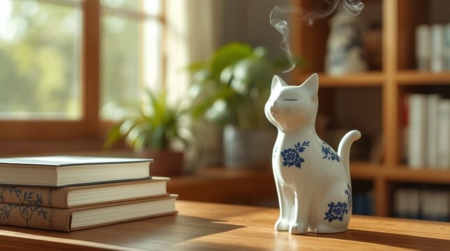 A charming white ceramic cat-shaped incense holder with an elegant blue floral porcelain pattern, ai