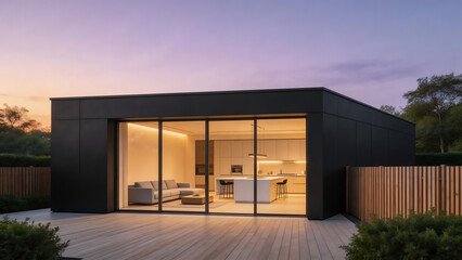 Fototapeta premium Modern house with open interior at dusk