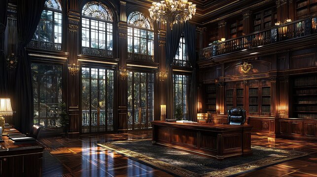 Grand Luxurious Interior, Classic Opulent Library with Ornate Details and Large Windows