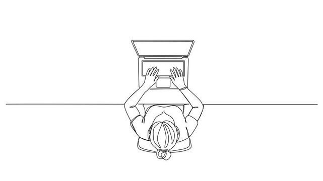 animated top down view continuous line drawing of a woman working on a laptop computer at a desk, minimalist line art animation