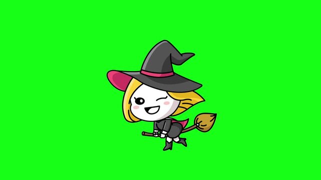  Cheerful little witch girl with blonde hair flying on a magic broomstick with sparkle effects on a green screen. Perfect for whimsical Halloween themes