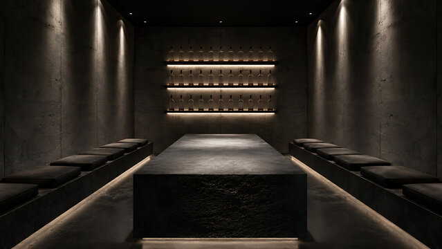 Minimalist dark concrete interior with stone table, luxury brutalist showroom with dramatic lighting, moody architectural space for product display isolated on White Background ai