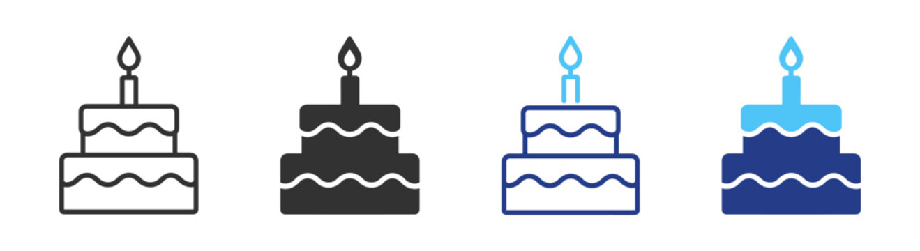 Tiered celebration cake outline icon with candle for birthday and wedding on transparent background