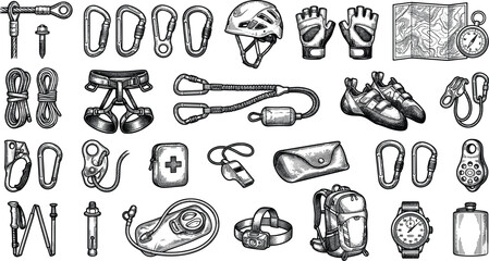 Outdoor Rock Climbing and Mountaineering Safety Gear Vector Icon Set Featuring Harnesses, Helmets, Carabiners, Ropes, Backpacks, and Navigational Map Symbols © Md