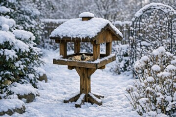Fototapeta premium Bird feeder covered in snow in a garden, great for winter scenes or nature photography
