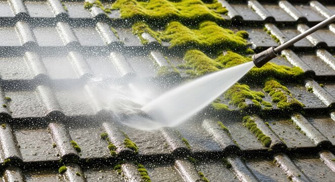 A powerful high pressure water jet blasts thick green moss off a tiled roof surface creating a dense mist of fine droplets and spray, house, architecture, lichen