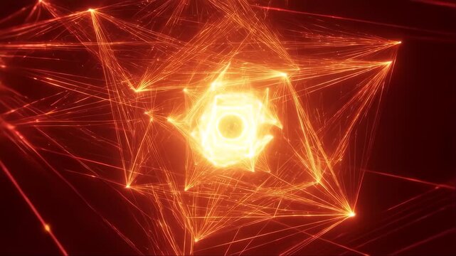 Cube Hologram Glowing in Fiery Orange Futuristic Network Lines, Creating a Technological Singularity Concept with Depth and Motion Light
