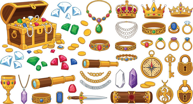 Pirate Treasure Chest and Royal Gold Loot Vector Icon Set with Gems, Coins, Crowns, Rings, Weapons, and Compass for Fantasy RPG Game Assets and Adventure Designs