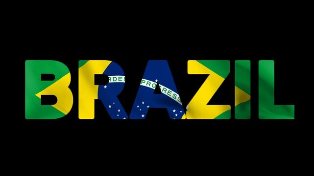 Text animation spelling Brazil with a Brazilian flag effect inside the letters, suitable for soccer-related purposes. Alpha Video