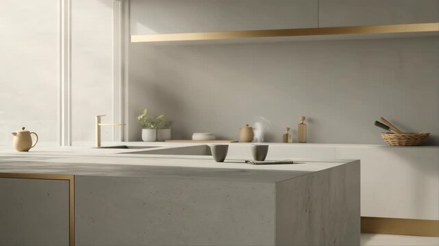Minimalist Kitchen with Soft Sunlight Beams and Modern Design Elements Featuring Concrete Countertop, Wooden Shelves, White Countertop with Home