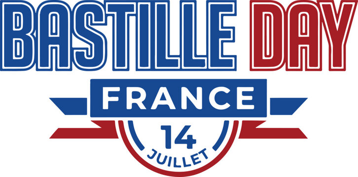 Bastille Day France 14 Juillet typographic badge design with national flag colors