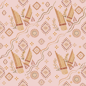 Modern Folk Dot Seamless Pattern with Traditional Khaen Instrument and Geometric Textile Motifs Flat Vector Illustration