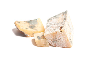 Moldy parmesan cheese isolated on white background