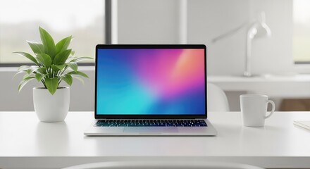 Fototapeta premium A sleek silver laptop sits open on a minimalist white desk in a bright modern office room featuring a green potted plant and a white coffee mug, silver, laptop, business