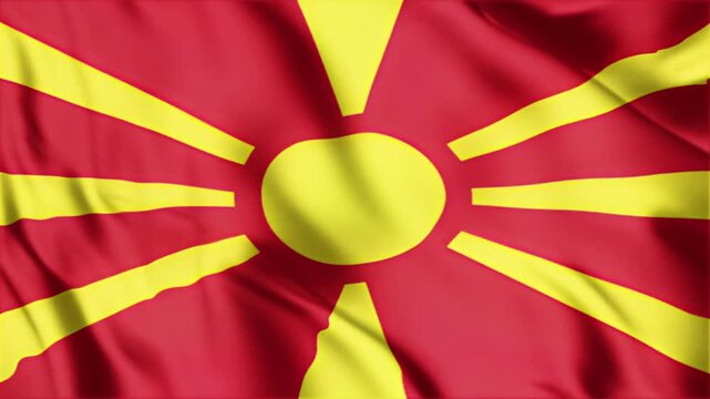 North macedonia flag waving in wind, beautiful animation of macedonian national flag with slow motion smooth ripples.