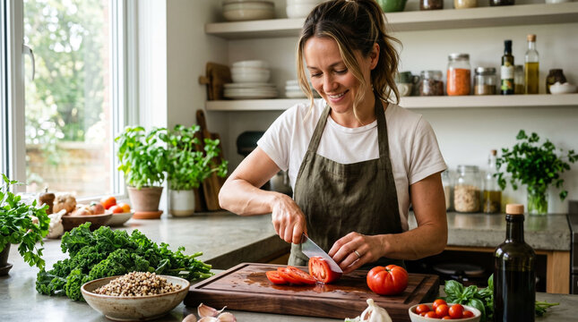Cheerful female home cook in apron smiling slicing fresh tomatoes on wooden cutting board against bright cozy domestic kitchen backdrop