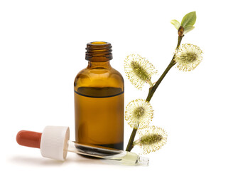 goat willow buds with dropper and glass bottle isolated on white © Scisetti Alfio