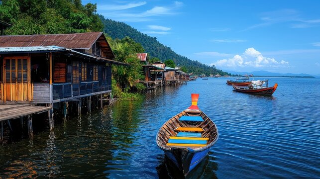 traditional thai wooden boat on lake with hut