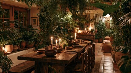 Obraz premium Dining room with a large wooden table surrounded by lush indoor plants, natural ceramics and handmade decor in warm evening light.