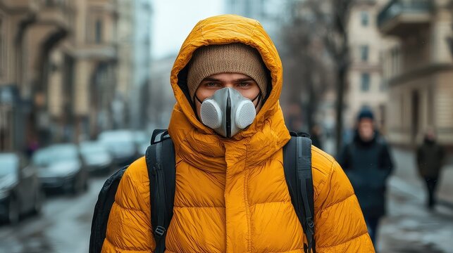 person wearing yellow jacket and protective mask on city street