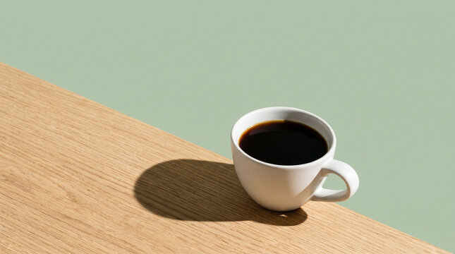 Cup of black coffee in minimalist studio style, natural wood and sage green tones, caffeine boost or morning routine mockup with copy space