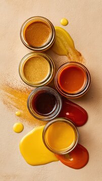 Five Open Glass Jars of Artisan Sauces with Mustard Barbecue Chipotle and Dark Sauce Drips and Spice Powder Scattered on Beige Background Top View