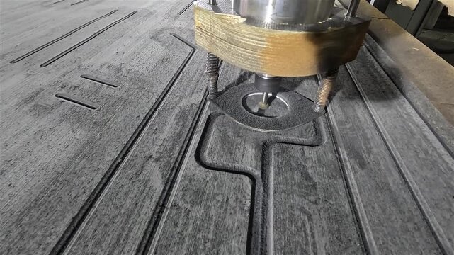 CNC Milling Process on Modern Industrial Machine. CNC Milling of EVA Foam Marine Decking Material. Machine worktable. Machine milling head, close-up.