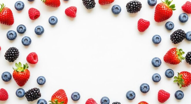 A vibrant assortment of fresh strawberries, blueberries, raspberries, and blackberries scattered across a clean and bright white surface, ingredient, colorful, refreshing