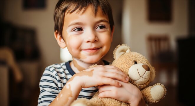 Smiling Caucasian Boy Around Five Years Old with Vitiligo Holding Plush Teddy Bear Looking at Camera in Cozy Home Interior with Warm Bokeh