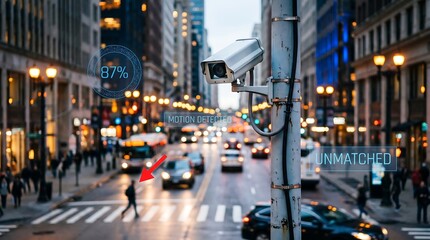 Fototapeta premium Security camera monitoring city street with motion detection graphics