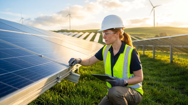 Female renewable energy technician concentrated evaluating photovoltaic efficiency against green hills with wind turbines at golden hour