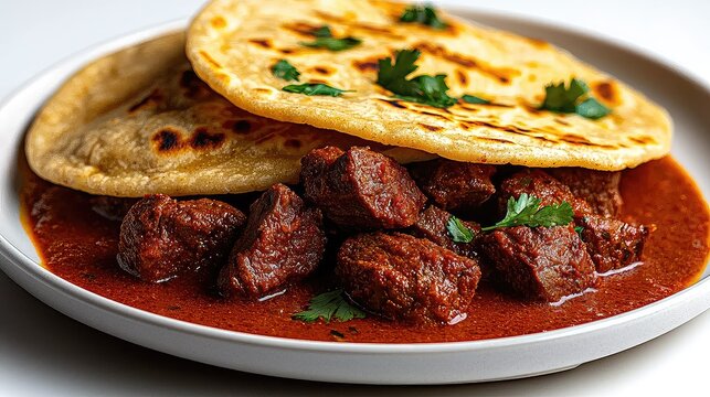 Beef curry with naan bread on plate